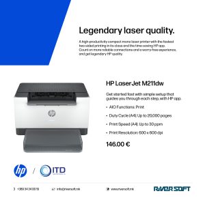 HP LaserJet M211dw compact black-and-white laser printer on a desk